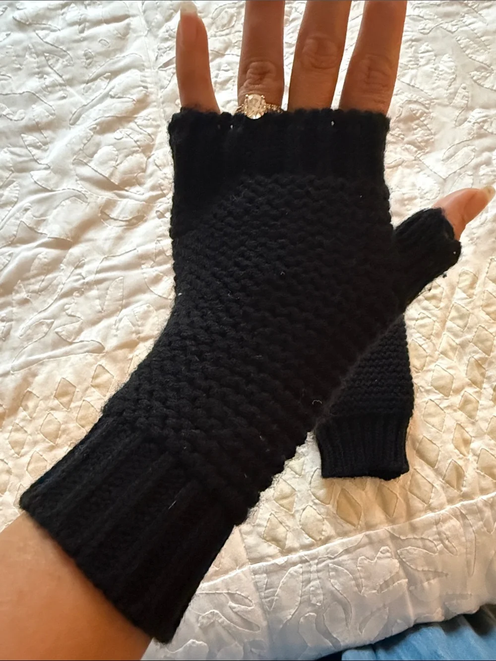 Black Knit Fingerless Mittens - Women's Sweater Accessory